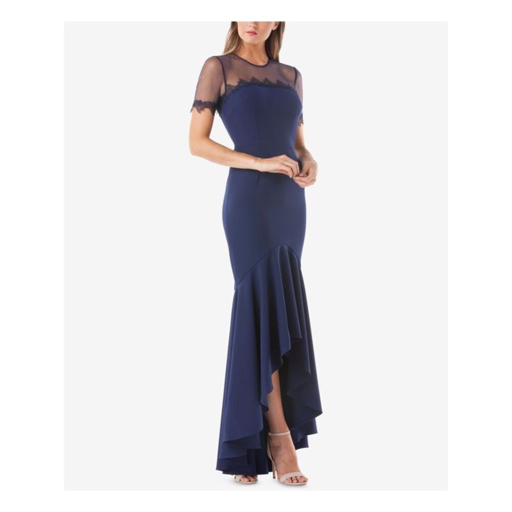 NWT JS COLLECTION Womens Navy Sheer Mermaid Full-Length Prom Hi-Lo Dress 2